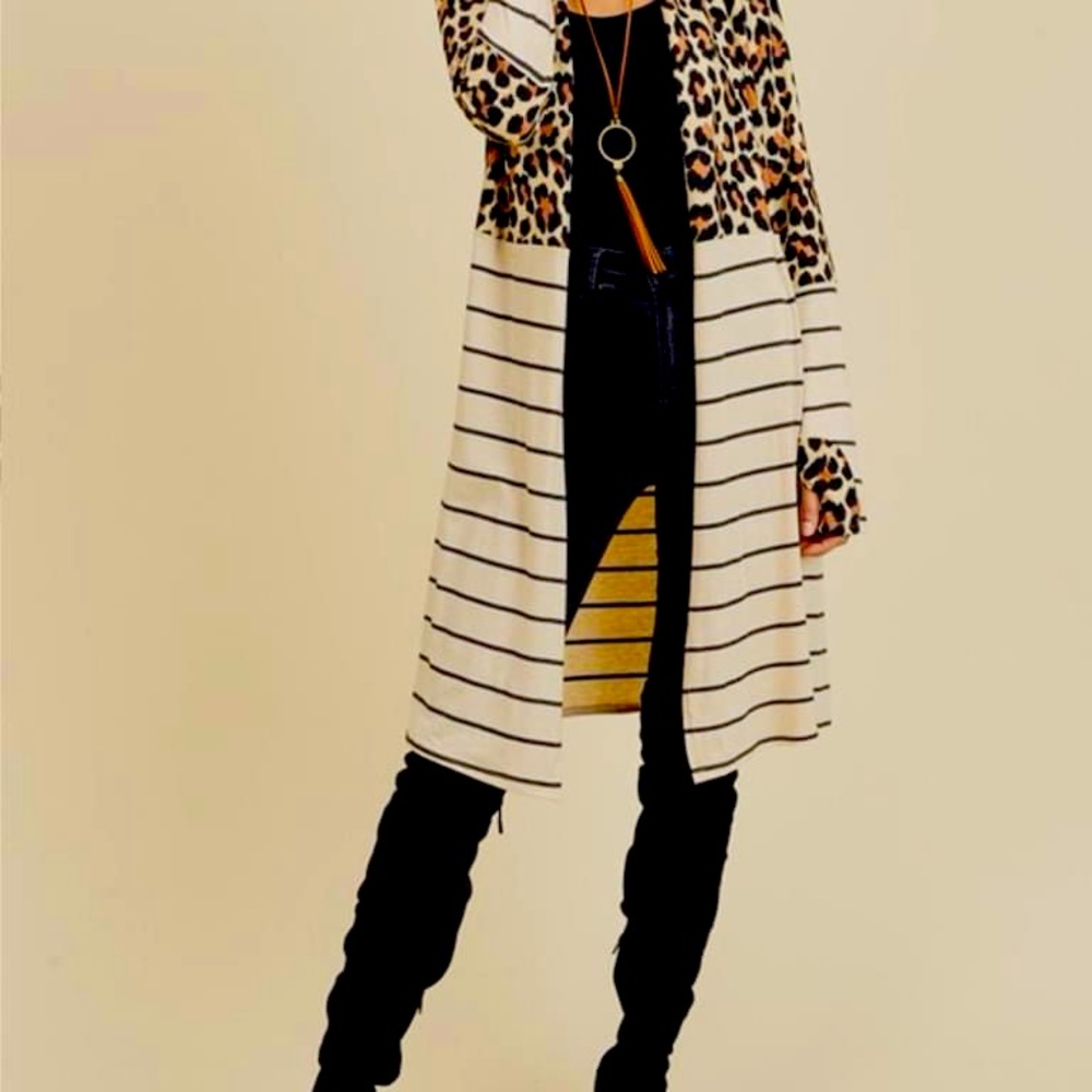 Long open front leopard print cardigan